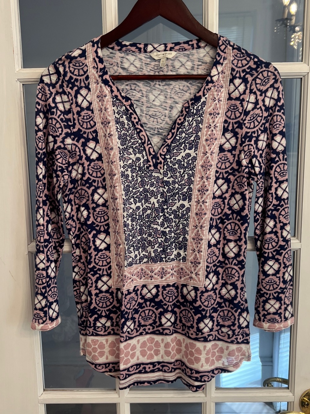 LUCKY BRAND Women’s Navy Pink Mixed Print Boho V-Neck Tunic Top Size S